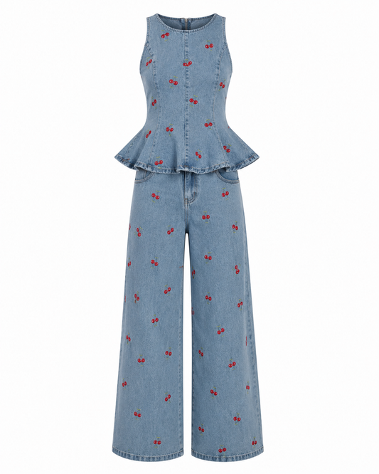 Cherry Set - Embroidered Denim