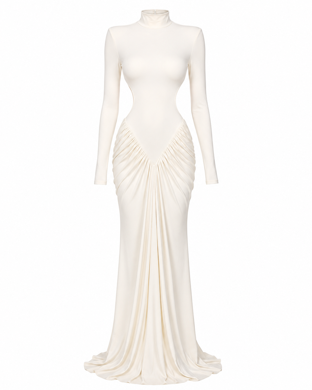 An off-white long-sleeve mock neck maxi dress with a draped, gathered waist and a slight train, displayed on a mannequin against a solid white background.