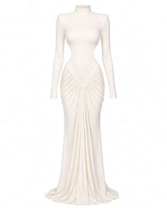 An off-white long-sleeve mock neck maxi dress with a draped, gathered waist and a slight train, displayed on a mannequin against a solid white background.