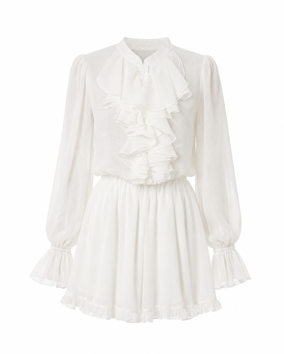 A white long-sleeve blouse with a high ruffled collar, bow at the neckline, gathered sleeves with ruffled cuffs, and a flared skirt, shown on a plain white background.