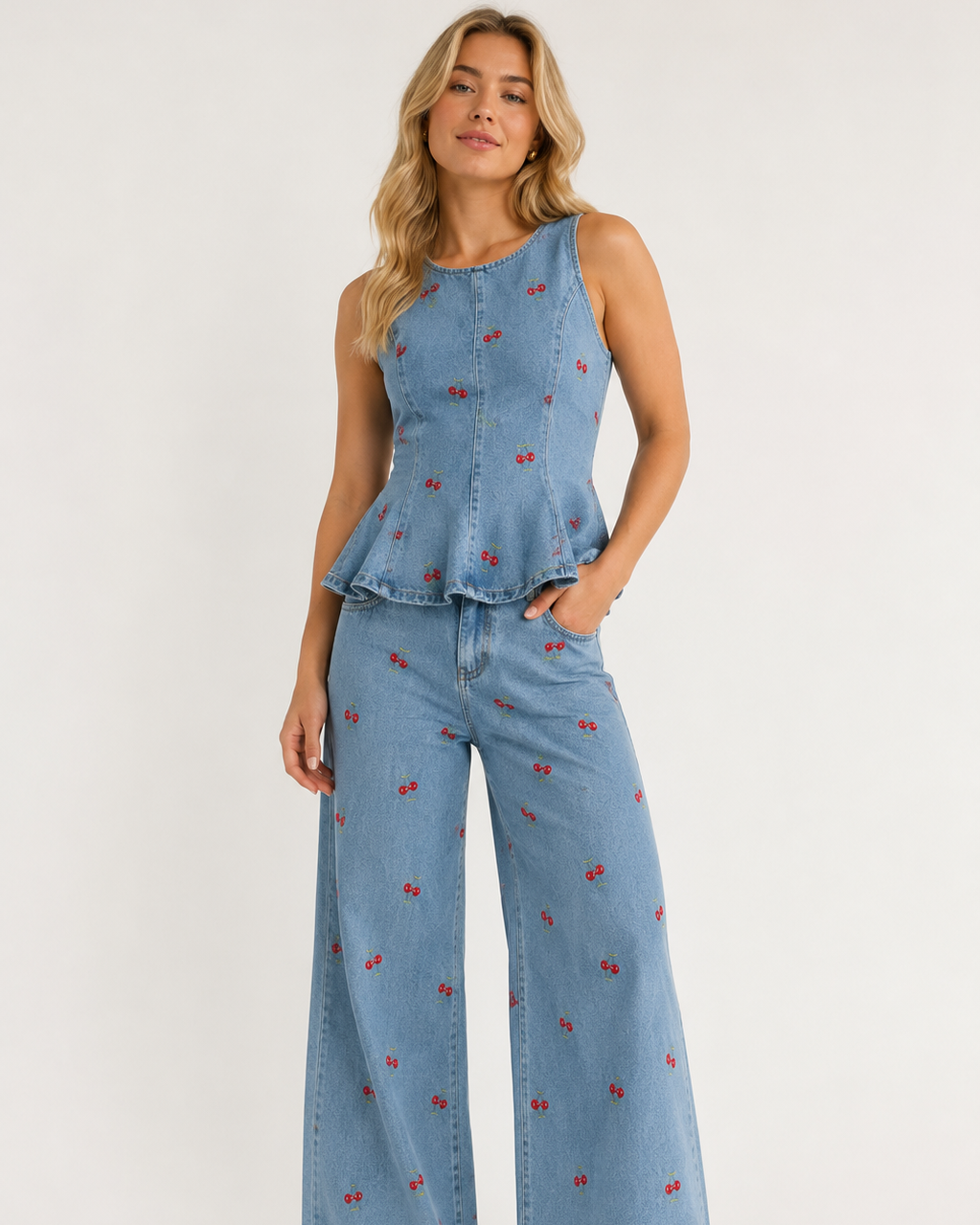 A woman modeling a light blue denim two-piece set featuring a sleeveless peplum top and matching wide-leg pants, both decorated with small red embroidered cherry motifs, set against a plain white studio background.